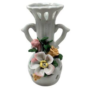Mini Porcelain Bud Vase White Applied Flowers Floral 5 Inch Reticulated